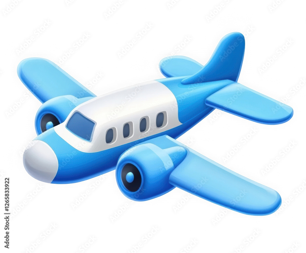 Naklejka premium Flying plane icon. Cute, cartoon 3d realistic white airplane with blue portholes and wings, perspective view 