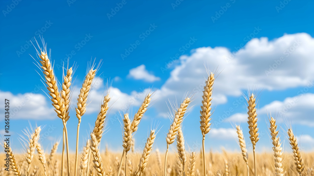 Wheat field with blue sky and puffy clouds background, agricultural concept, use harvest Wheat field with blue sky and puffy clouds background, agricultural concept, use harvest