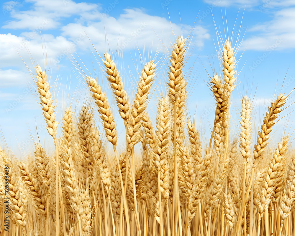 Wheat spikes reach for a blue sky with clouds. Use Food, flour industry Wheat spikes reach for a blue sky with clouds. Use Food, flour industry