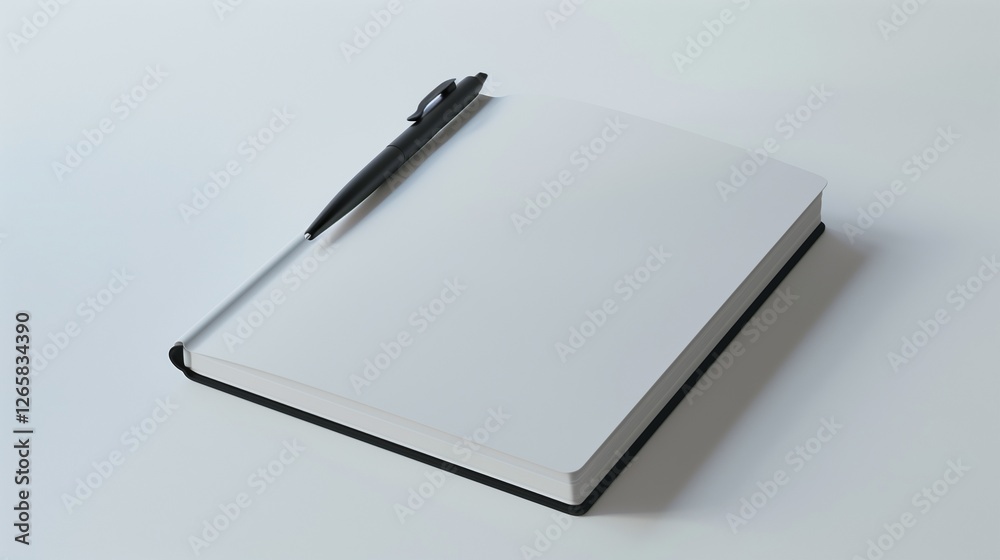 A pristine white notebook lying open with a pen on a white surface. A pristine white notebook lying open with a pen on a white surface.