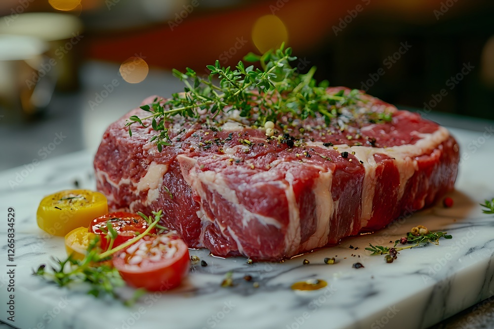 Artistic display of raw meat on marble with fresh herbs and vegetables. Generative AI. Artistic display of raw meat on marble with fresh herbs and vegetables. Generative AI.
