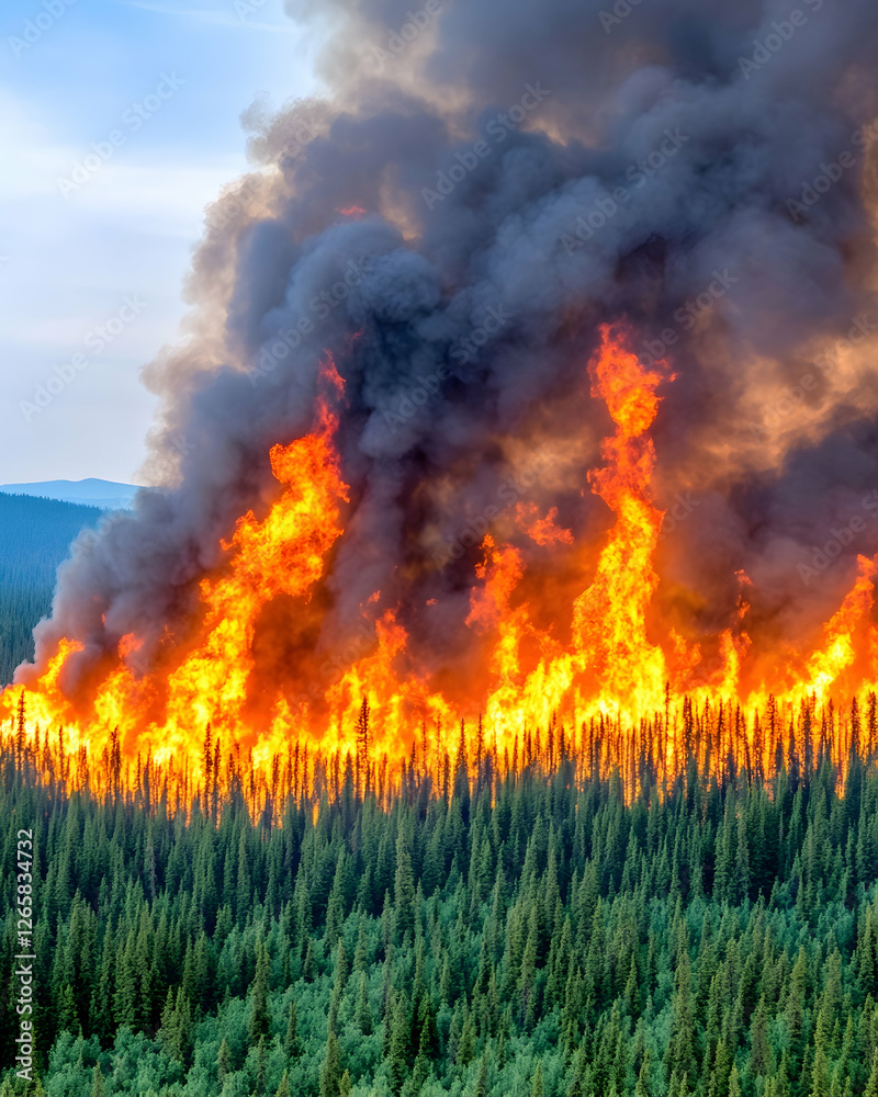 Wildfire burns forest creating smoke, showcasing devastation and environmental damage Wildfire burns forest creating smoke, showcasing devastation and environmental damage