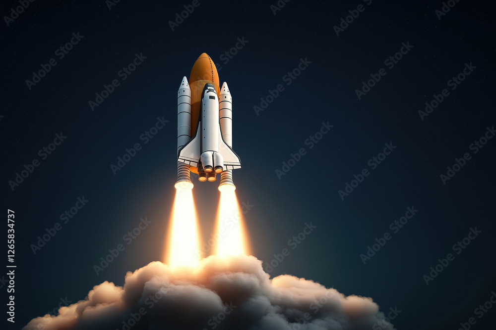 Obraz premium Rocket launch at night with bright engines lighting up the clouds