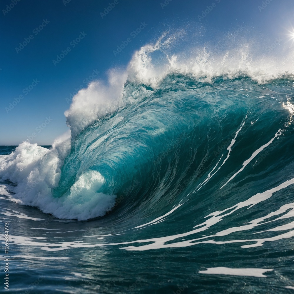 A powerful ocean wave crashing under a bright sky. A powerful ocean wave crashing under a bright sky.
