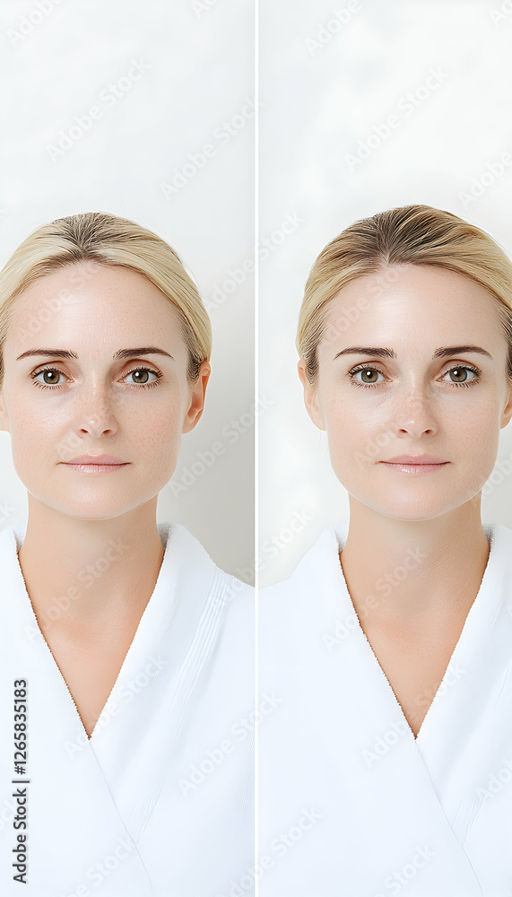 Woman beauty before and after skin treatment with white background Woman beauty before and after skin treatment with white background