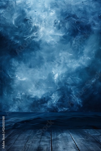 A large dark blue painted background with deep sea tones and a mysterious atmosphere