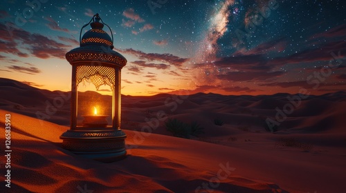 Desert lantern at sunset, illuminated by a warm glow, against a starry sky and sand dunes.  Possible use  Religious, cultural, or travel photography