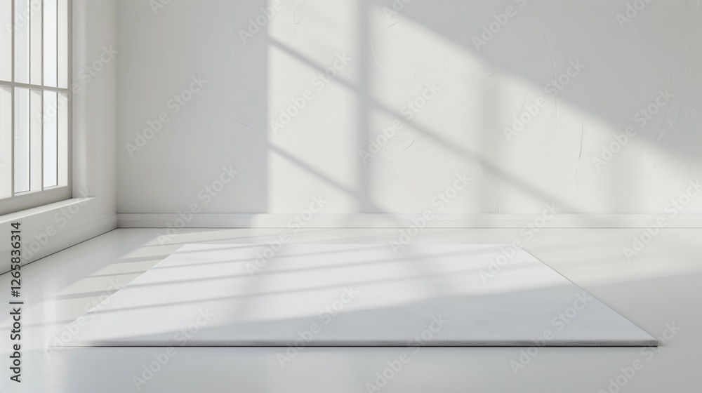Fototapeta premium A simple white exercise mat laid out on a clean white floor.