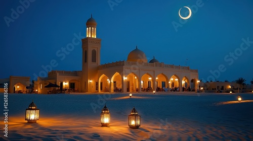 Desert Mosque at Night with Crescent Moon photo