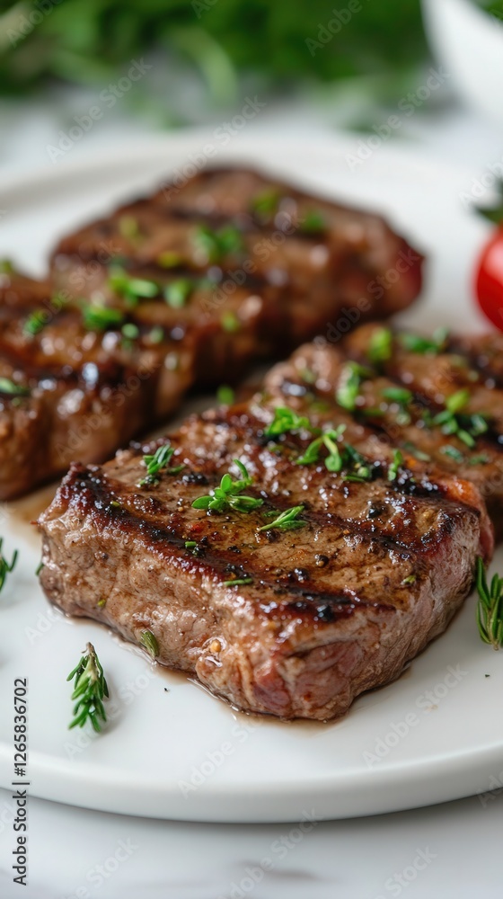 Grilled steaks garnished with fresh herbs Grilled steaks garnished with fresh herbs
