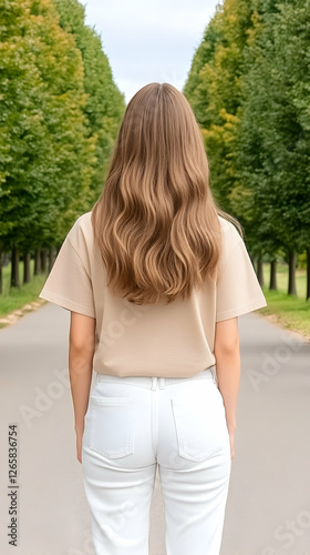 Woman walks away on a road in a park with trees to be used in lifestyle content Free Download Woman walks away on a road in a park with trees to be used in lifestyle content - GFXLoad