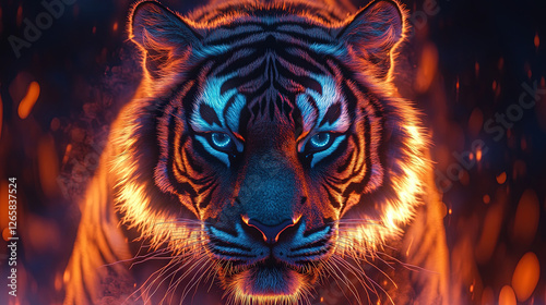 A tiger with neon, swirling stripes that melt into the psychedelic background. The animal's eyes glow with electric blue energy