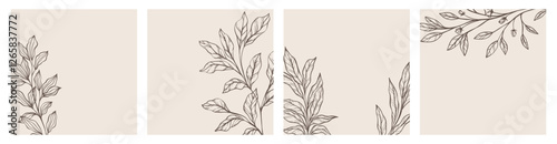 Creative minimalist Abstract art background with leaves branch and Hand Drawn doodle Scribble floral plants