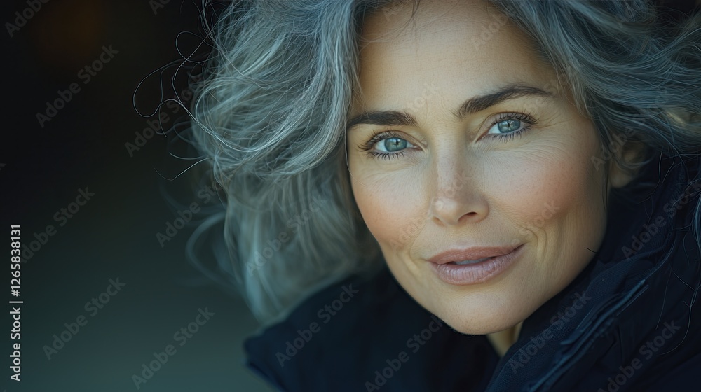 Naklejka premium Elegant woman with gray hair and gentle smile natural beauty and confidence