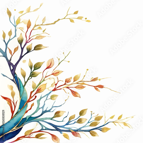 branch with leaves decorative watercolor ornament with white area for insertion