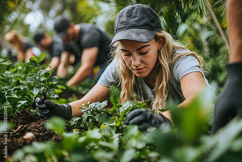 A group of volunteers restoring a forest by planting trees as part of a conservation effort.
