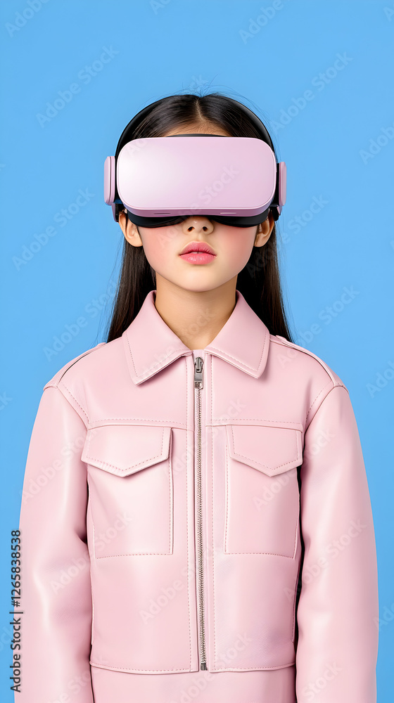 Young girl wearing a pink VR headset, looking ahead, blue backdrop, future Young girl wearing a pink VR headset, looking ahead, blue backdrop, future
