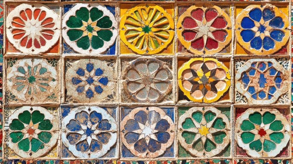 Colorful Ceramic Tile Design with Geometric Flower Patterns Colorful Ceramic Tile Design with Geometric Flower Patterns