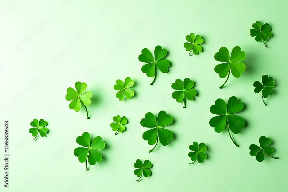 Fototapeta premium Fresh Clover Leaves Pattern on Pastel Green Background for St. Patrick's Day