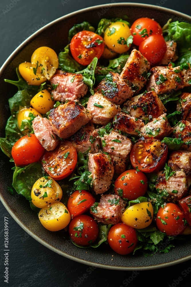 Grilled salmon and cherry tomato salad with spinach and herbs Grilled salmon and cherry tomato salad with spinach and herbs