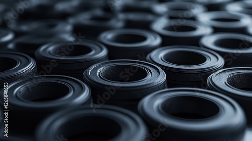Close-Up View of Black Rubber Components on a Production Surface