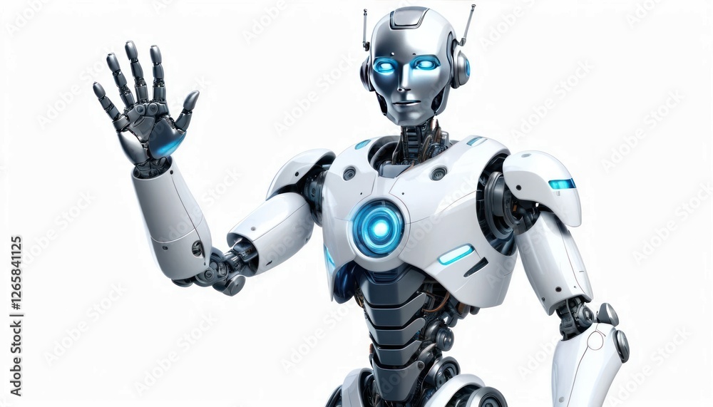 A realistic android robot giving a friendly wave, glowing blue accents, smooth white plating, isolated on a white background A realistic android robot giving a friendly wave, glowing blue accents, smooth white plating, isolated on a white background