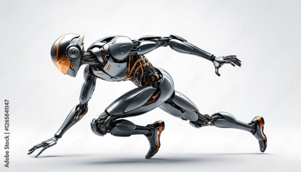 A futuristic racing android in a high-speed sprinting position, ultra-streamlined mechanical body, isolated on a white background A futuristic racing android in a high-speed sprinting position, ultra-streamlined mechanical body, isolated on a white background