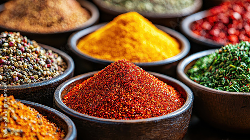 Colorful assortment of spices in bowls showcasing texture and vibrant hues for culinary use