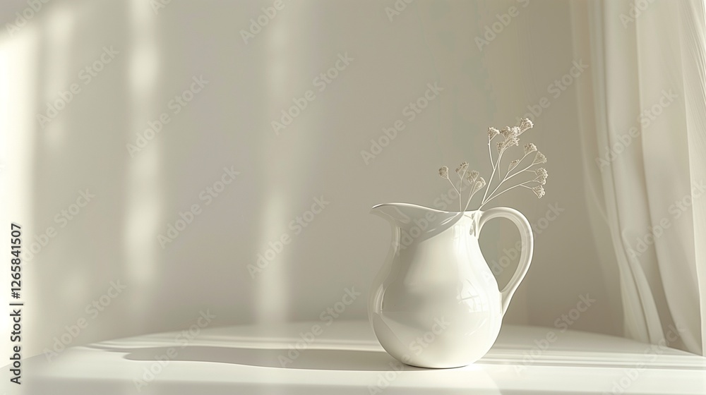 A white ceramic pitcher placed in the center of a smooth white table. A white ceramic pitcher placed in the center of a smooth white table.