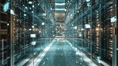 Wallpaper Mural A sleek corridor in a data center, illuminated by floating screens and reflective surfaces, showcasing a high-tech environment. Torontodigital.ca