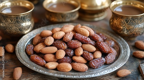 Dried dates and almonds on ornate tray with coffee cups photo