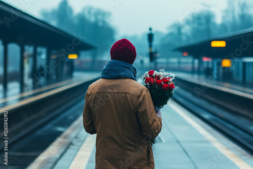 A man holding a bouquet of flowers is waiting at the railway station, standing near the platform with anticipation