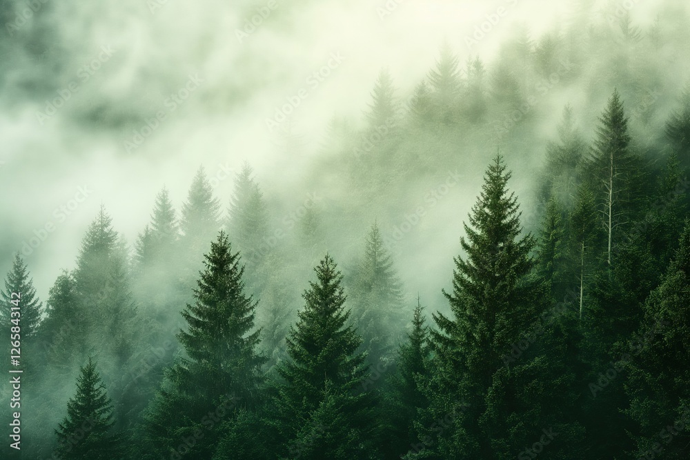 Fototapeta premium A serene view of a misty forest with tall evergreen trees shrouded in fog.