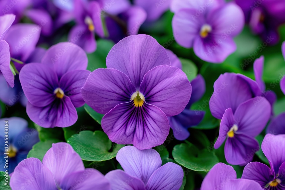 A close-up of a vibrant purple flower surrounded by green leaves. A close-up of a vibrant purple flower surrounded by green leaves.