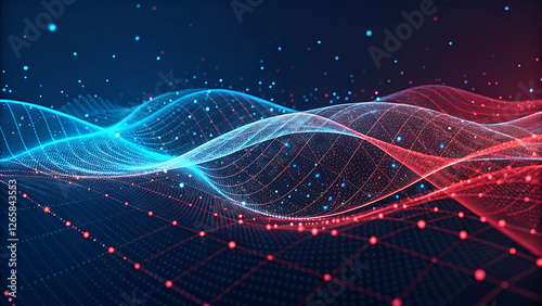  abstract image of intertwined, wave-like structures composed of vibrant red and turquoise glowing particles connected by a network of lines, creating a complex, three-dimensional effect against a dee