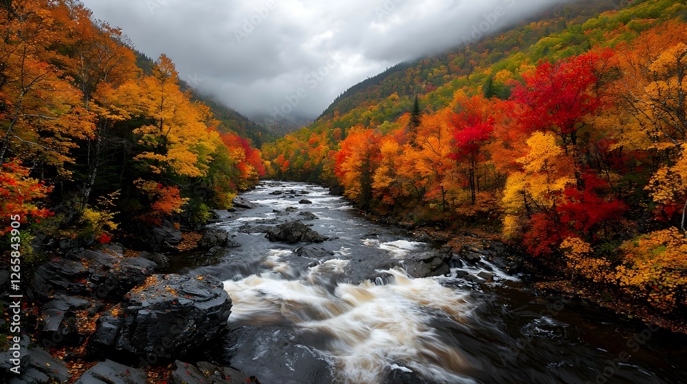 Autumn River Landscape With Vibrant Red Orange Yellow Foliage Autumn River Landscape With Vibrant Red Orange Yellow Foliage