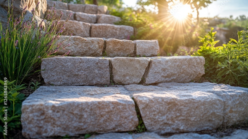 Obraz premium Stone Steps With Sun Flare, Landscaping Plants On Either Side. Outdoor Living, Garden Design, Hardscaping Concept.