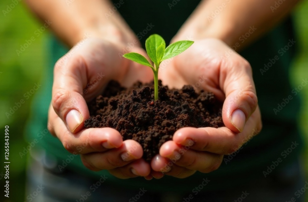 hand holding young plant on blur green nature background. concept eco earth day hand holding young plant on blur green nature background. concept eco earth day