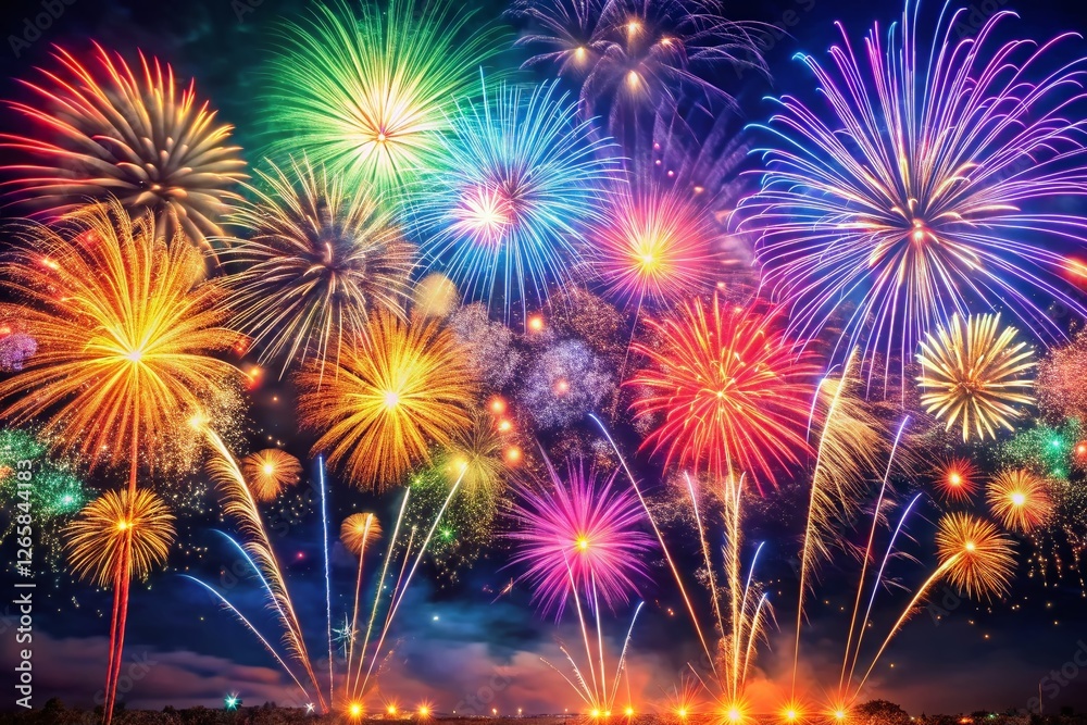 Fototapeta premium Happy New Year's Eve 2023 Fireworks Celebration - Bright Festive Night Sky