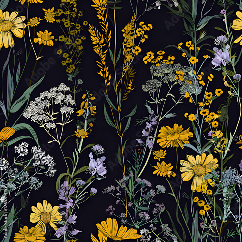 Elegant Seamless Floral Pattern. Dark Background Botanical Illustration with Yellow Flowers