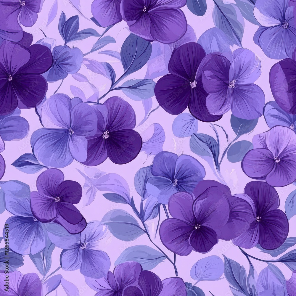 Obraz premium purple flowers seamless pattern. The pattern features detailed violet blossoms with green leaves, on a soft lavender background. The floral pattern is ideal for fashion, textile, home decor.