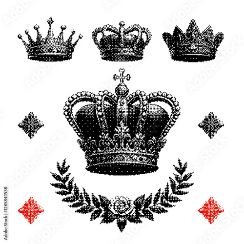 set of crowns, vintage halftone style, pixel art elegant collection