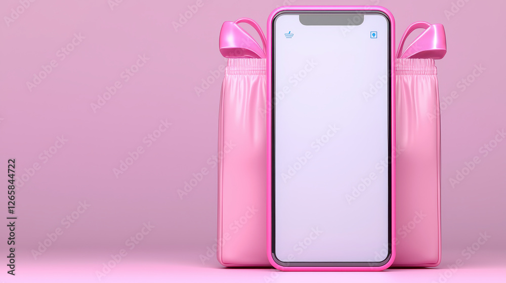 Smartphone with blank screen in pink case and gift bag on pink background Smartphone with blank screen in pink case and gift bag on pink background