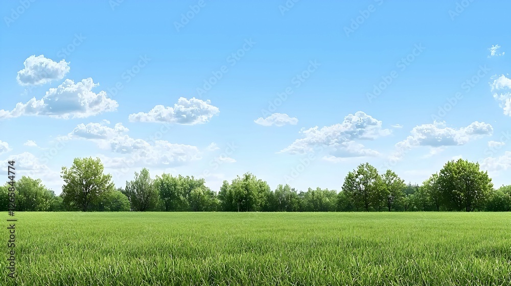 Fototapeta premium Lush Green Field With Trees Under Blue Sky And White Clouds