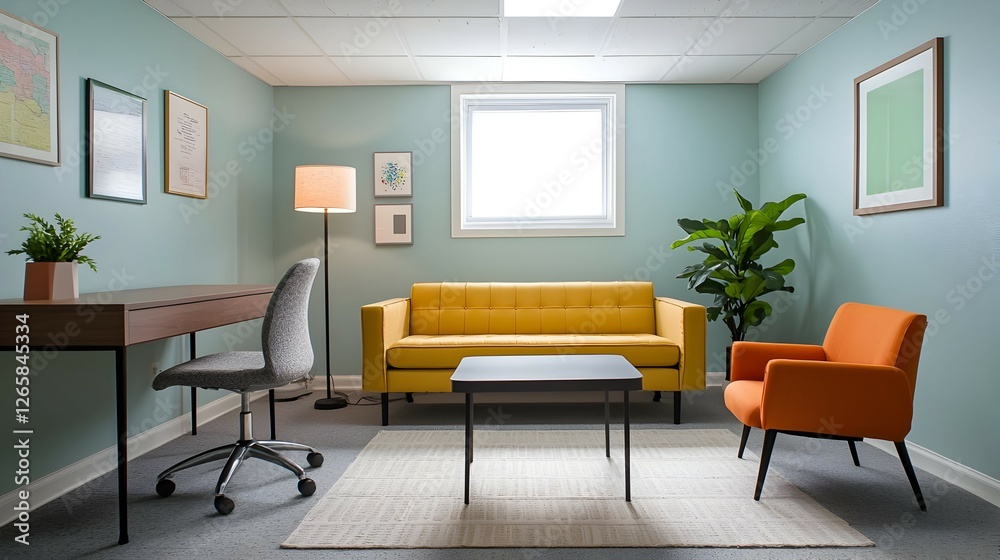 Fototapeta premium Modern Living Room Interior With Yellow Sofa Teal Walls And Home Office Setup