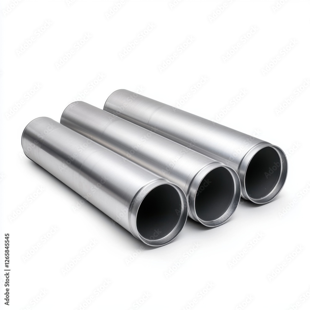 Fototapeta premium Three cylindrical stainless steel tubes stacked in an isolated studio setting with a white background