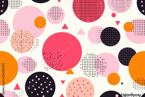 Colorful geometric pattern with circles and triangles in pink, orange, and black tones