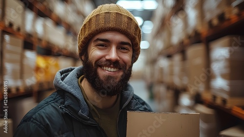 Wallpaper Mural Smiling Delivery Driver Holding Blank Cardboard Sign in Warehouse Torontodigital.ca