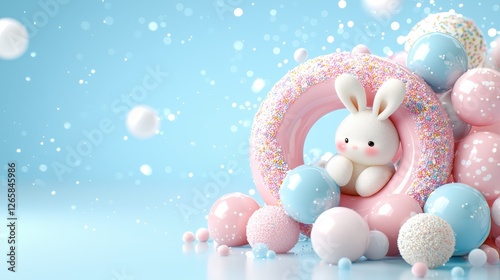 Rabbit is sitting in a pink donut with blue and pink sprinkles