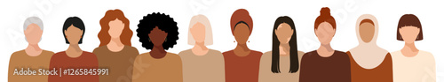 Banner with group of faceless women of different skin color, nationality, religion. International March 8. Accelerate Action. National Equality Women's Day, USA. Flat transparent vector EPS 10